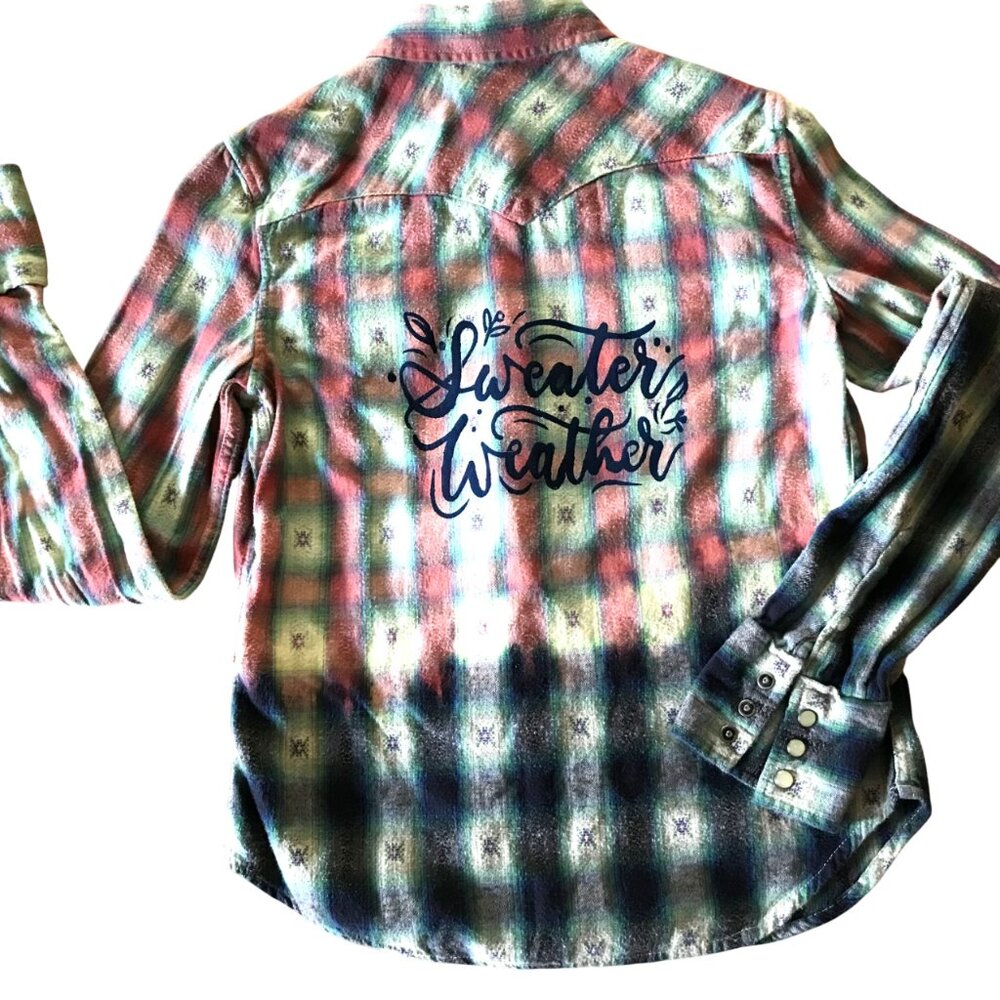 Ombre Bleached Flannel Shirt Upcycled Painted Sweater Weather Size Small - Picture 9 of 13